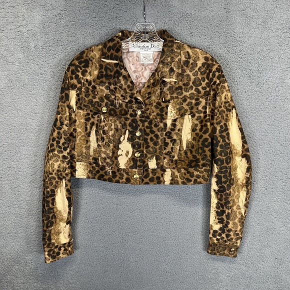 Vintage Christian Dior Jacket Womens 8 Brown Denim Leopard Galliano Cropped - Picture 1 of 7